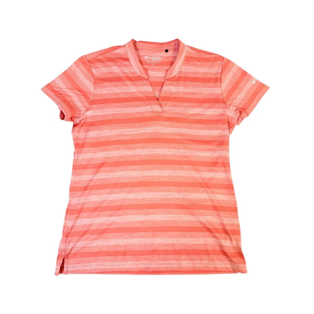 Columbia Striped Coral V-Neck Polo Womens Large Performance Active Golf Shirt